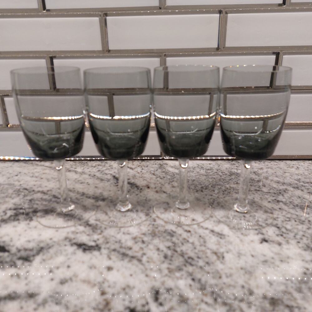 Gorham Midnight Mist Smoke Wine Glasses 5.75" Set of 4 Clear Rim Vintage Crystal